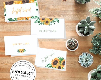 Może przedstawiać: Białe karty bufetowe z wzorami słoneczników i zieleni. Niektóre karty mają nadruk "buffet card". Okrągła naklejka głosi "100% Editable Instant Download Personalize & Print".