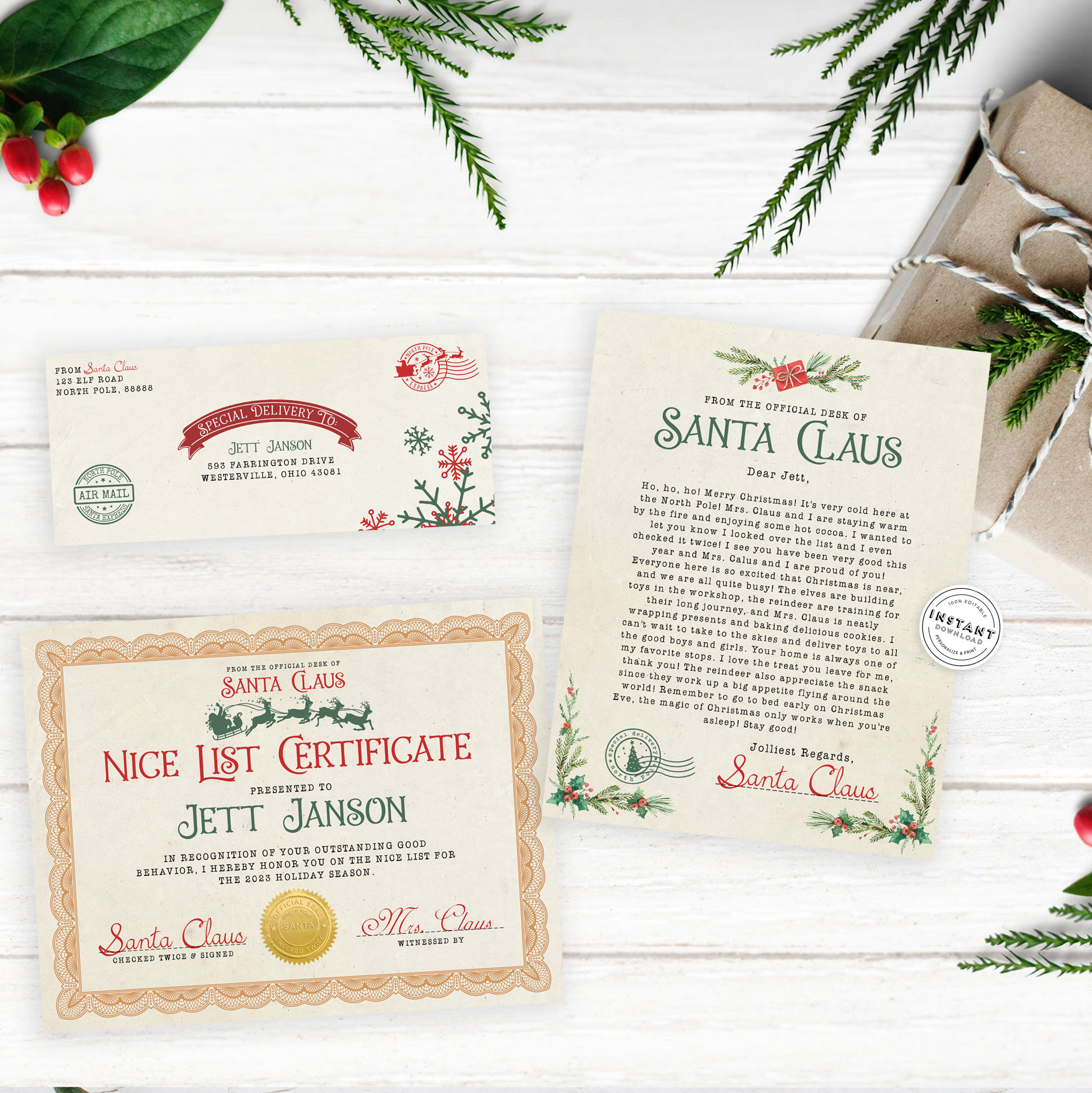 Letter From Santa Editable INSTANT DOWNLOAD Nice List Certificate