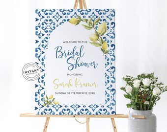 Lemon and Blue Bridal Shower Welcome Sign | Blue Tiles Lemon Bridal Shower 24x36 Poster | Printable Bridal Shower Italian Amalfi Welcome