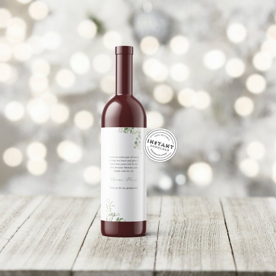 Godparent Proposal Wine Labels | DIY Printable Labels for God parents | Printable Wine Label | Eucalyptus Farmhouse Godparent Proposal Label