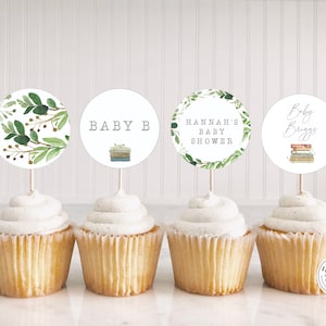 Vintage Storybook Baby Shower Cupcake Toppers | Baby Shower Cupcake Topper |  Book Baby Shower Decor | DIY Baby Shower Cupcake Circle Tags