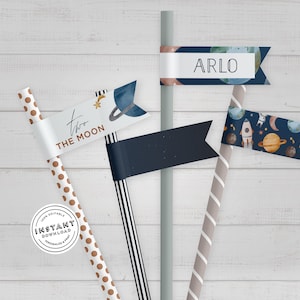 Two The Moon Straw Flags | Outer Space Birthday Straws | 2nd Birthday Space Custom Straws | Galaxy Bday | DIY Birthday Template Print