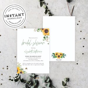 May include: A white bridal shower invitation with a sunflower and greenery design. The invitation reads "Please join us for a bridal shower honoring Elizabeth Katherine" and includes the date, time, and location of the event. RSVP information is also included.