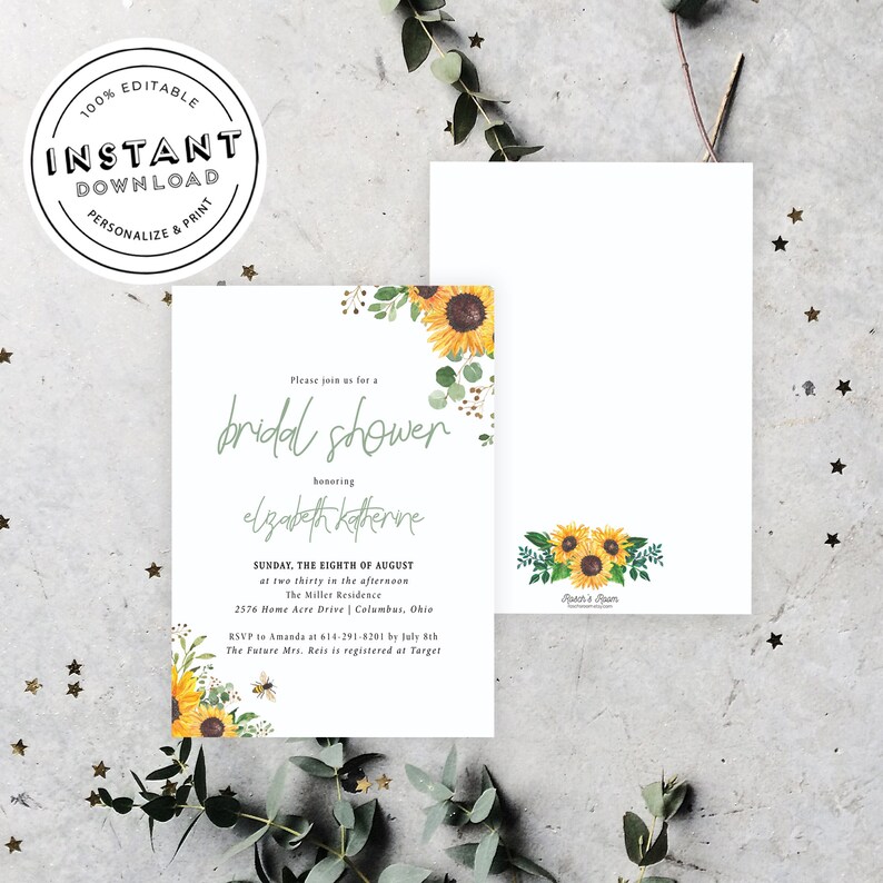 May include: A white bridal shower invitation with a sunflower and greenery design. The invitation reads "Please join us for a bridal shower honoring Elizabeth Katherine" and includes the date, time, and location of the event. RSVP information is also included.