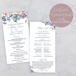 May include: Wedding program template with floral accents in blue and purple. The program includes the names of the couple, wedding party, and ceremony details. Text reads "Instant Download & Fully Customizable."