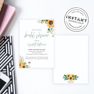 May include: A printable bridal shower invitation with a sunflower and greenery design. The invitation reads "Please join us for a bridal shower honoring Elizabeth Katherine. Sunday, the eighth of August at two thirty in the afternoon. The Miller Residence, 2576 Home Acre Drive | Columbus, Ohio. RSVP to Amanda at 614-291-8201 by July 8th. The future Mrs. Reis is registered at Target."