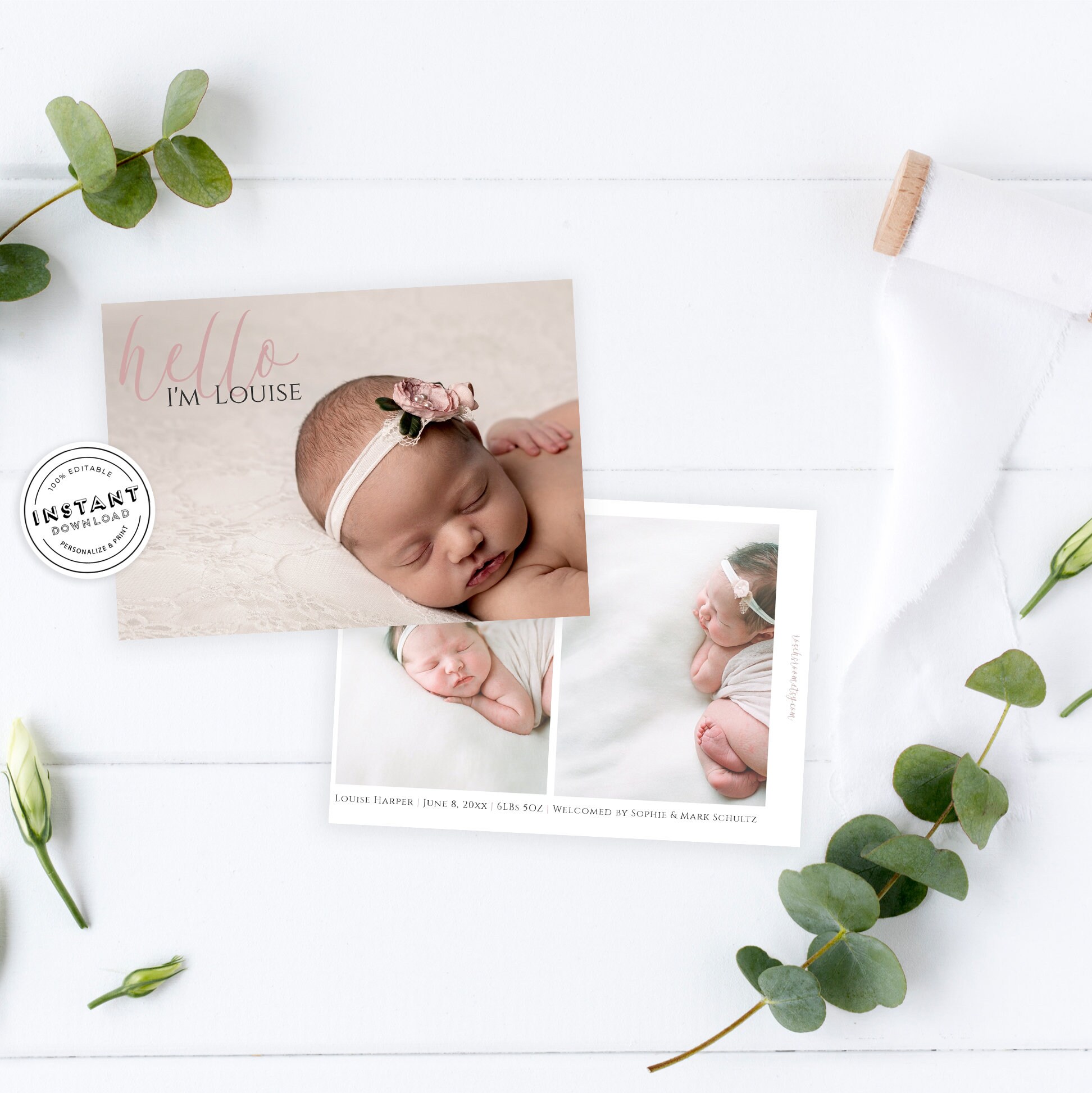 Baby Girl Announcement Card Editable Baby Announcement Card Etsy UK