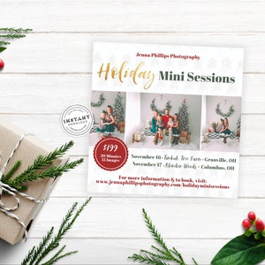 Anúncio de mini sessões de fotógrafo de Natal | Mini Sessões de Férias para Famílias | Cartão de minisessão de fotos editável