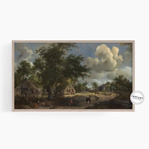 May include: A painting depicting a rural landscape with a dirt road leading through a village. The scene features several houses, trees, and figures walking along the road. The sky is cloudy with a bright blue hue.