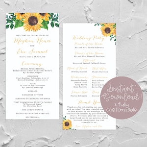 May include: A wedding ceremony program with a sunflower design. The program includes the order of events, the names of the wedding party, and a thank you message from the couple. The text reads "Welcome to the wedding of Meghan Rence and Eric Samuel, May 9, 2020, Akron, OH".