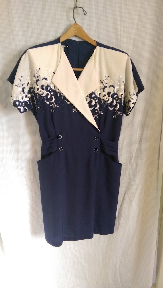 Damon Petites Navy Blue Embroidered Sheath Dress - image 1