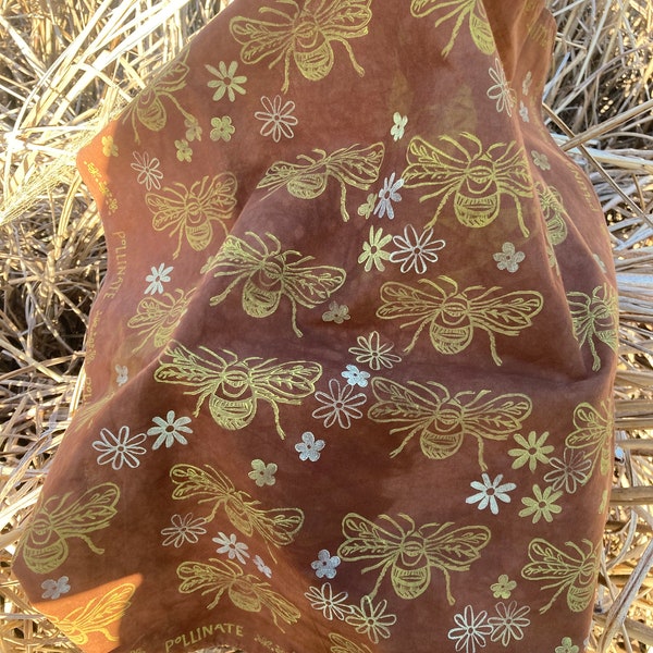 Pollinate, Cotton bee bandana.  Hand-dyed and hand-printed. Fun bandana, block printed bandana, handmade bandana, michigan made bandana