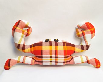 Orange/White Checkered Crab Stuffed Animal, Handmade Doll, Sea Animals, Home Decor, Fabric Art, Ornament, Friends Gift, Birthday Present