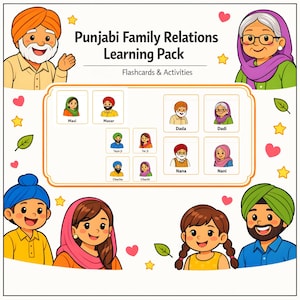 May include: A colorful illustration of a Punjabi Family Relations Learning Pack. The image features cartoon depictions of family members, flashcards, and the text "Flashcards & Activities". The characters are wearing traditional clothing.