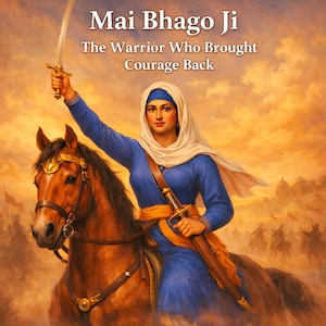 May include: An illustration of Mai Bhago Ji, a warrior, riding a brown horse and holding a sword aloft. She wears a blue tunic, a white head covering, and an orange sash. The text reads "Mai Bhago Ji, The Warrior Who Brought Courage Back."