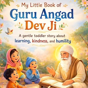 May include: A children's book cover with the title "My Little Book of Guru Angad Dev Ji." The illustration shows a Sikh man with a white beard teaching three children. The text below reads "A gentle toddler story about learning, kindness, and humility."