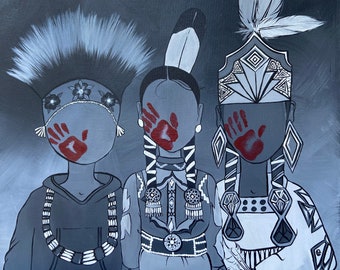May include: Three stylized figures in a painting, each with a red handprint on their face. The figures are wearing traditional Native American clothing and headdresses. The background is a light gray.