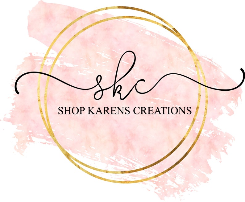 Peut inclure: Un fond aquarelle rose avec un cadre double cercle dor&eacute;. Le texte "skc SHOP KARENS CREATIONS" est &eacute;crit en noir.