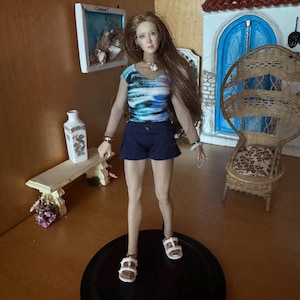 1:12 scale doll clothes outfit includes fitted Lycra shorts,  top with trim, jewelry and sandals.