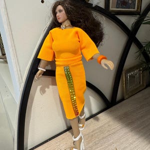 1:12 scale doll clothes outfit for curvy or T05 A or B. Includes skirt with crystal detail,  long sleeved top, jewelry and sandals.