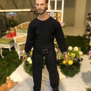 1/12 scale doll Tbleague mens black Lycra outfit. Fitted, slipon. Includes belt, black shoes, pants, black top, one wristband.