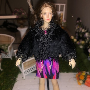 1/12 scale doll stretch black faux fur jacket with trim detail