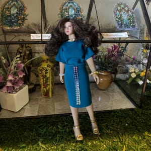 1:12 scale doll clothes outfit for curvy or T05 A or B. Includes skirt with crystal detail,  long sleeved top, jewelry and sandals.