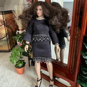 1:12 scale doll clothes outfit for curvy or T05 A or B. Includes black skirt with trim,  long sleeved top, jewelry and sandals.