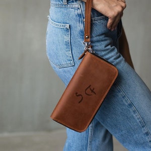 Leather long wallet for women, Zipper wallet women, Brown wallet for women, Custom long wallet, Personalized wallet women, Handmade wallet