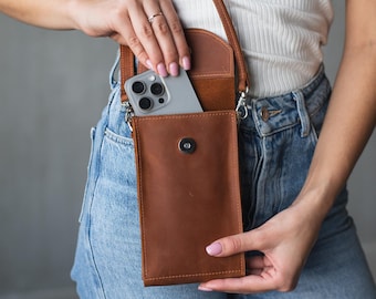 Bolso bandolera de piel para móvil, Bolso bandolera de piel para teléfono móvil, Bolso bandolera de piel para iPhone, Funda de piel para iPhone con correa