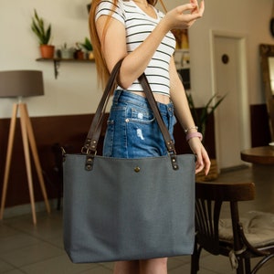 Canvas draagtas voor dames, canvas draagtas met leren handvatten, draagtas voor dames canvas, draagtas canvas en leer