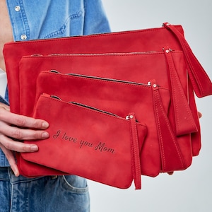 Leder Beutel Tasche, Leder Clutch Tasche, Kleine Ledertasche mit Reißverschluss, Leder Make-up Tasche, Schminktasche personalisiert, Wristlet Geldbörse