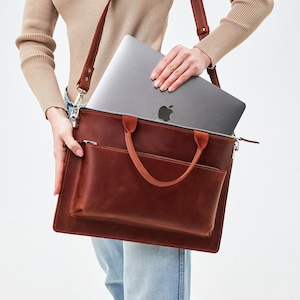 Laptoptasche aus Leder für Damen, Leder Laptoptasche Damen 16, Leder Laptoptasche 13 Zoll mit Reißverschluss, Leder Laptoptasche für MacBook Air