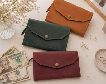 Monogrammed leather wallet clutch, Large leather wallet women, Genuine leather clutch purse, Handmade long wallet, Custom wallet clutch