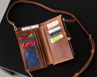 Cartera de piel con compartimento para teléfono, Cartera cruzada para teléfono para mujer, Monedero cruzado para teléfono, Cartera de piel, Cartera cruzada