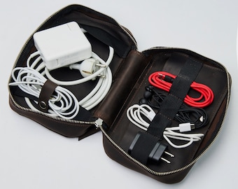 Borsa tecnologica in pelle, Organizer per cavi e caricabatterie in pelle, Borsa per accessori elettronici da viaggio, Organizer per cavi personalizzato, Organizer per cavi