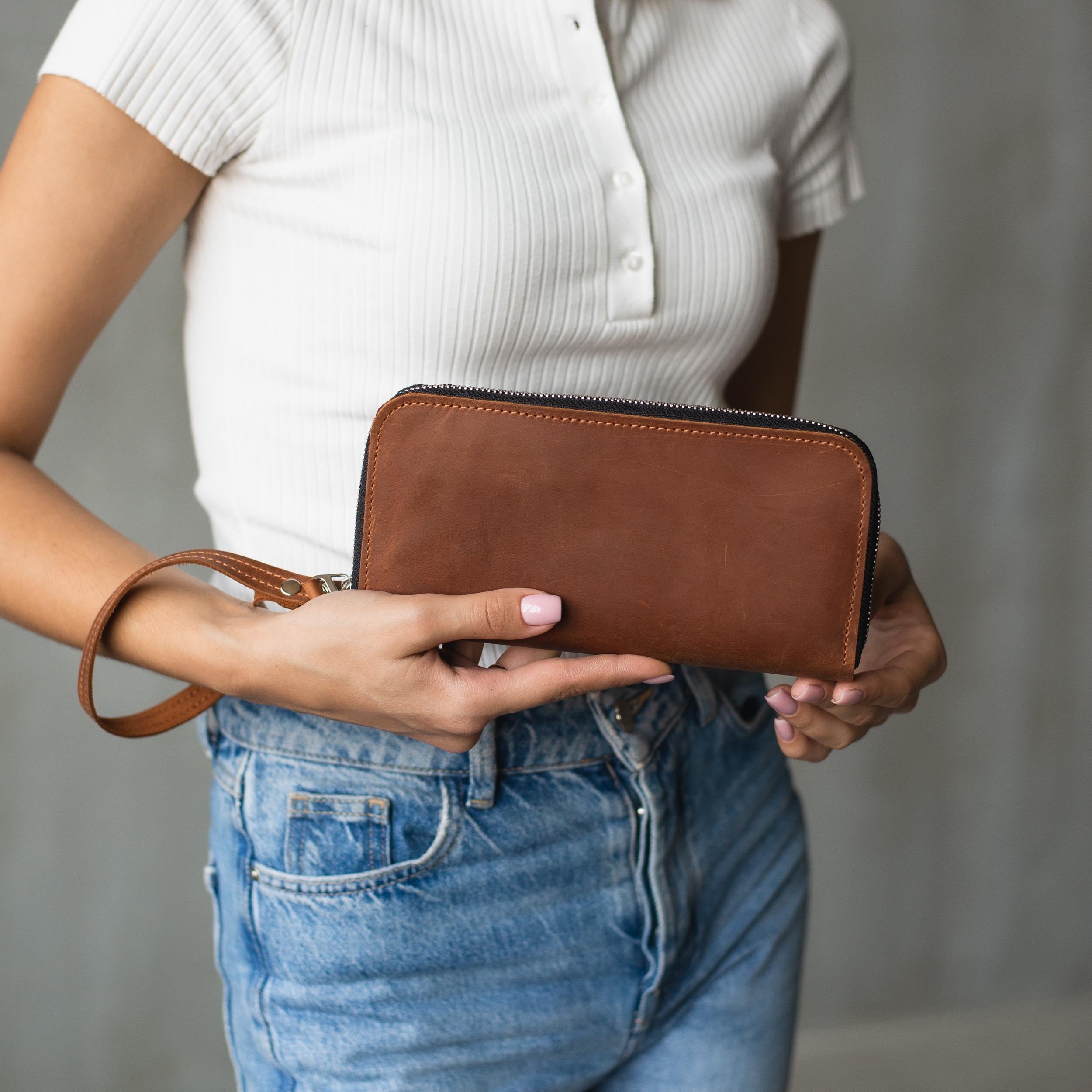 Leather Wristlet Wallet for Men, Leather Zipper Wallet for Men