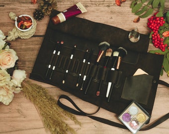 Make-uporganizer, rol make-upkwast, zakje make-uprol, kwastje make-uptasje, leren etui voor make-up kwasten, make-uprol, opgerolde make-upkwast