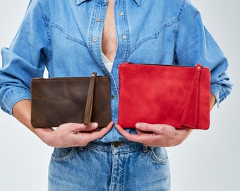 Bolso de piel tipo cartera, Bolso de mano de piel, Bolso pequeño de piel con cremallera, Neceser de piel para maquillaje, Neceser de maquillaje personalizado, Monedero de pulsera