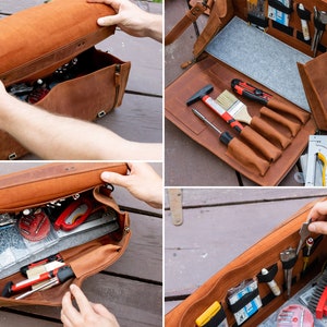 Pu&ograve; includere: Una borsa porta attrezzi in pelle marrone con pi&ugrave; scomparti e tasche. La borsa &egrave; aperta e piena di vari strumenti, tra cui un martello, un cacciavite, un pennello e una graffatrice.