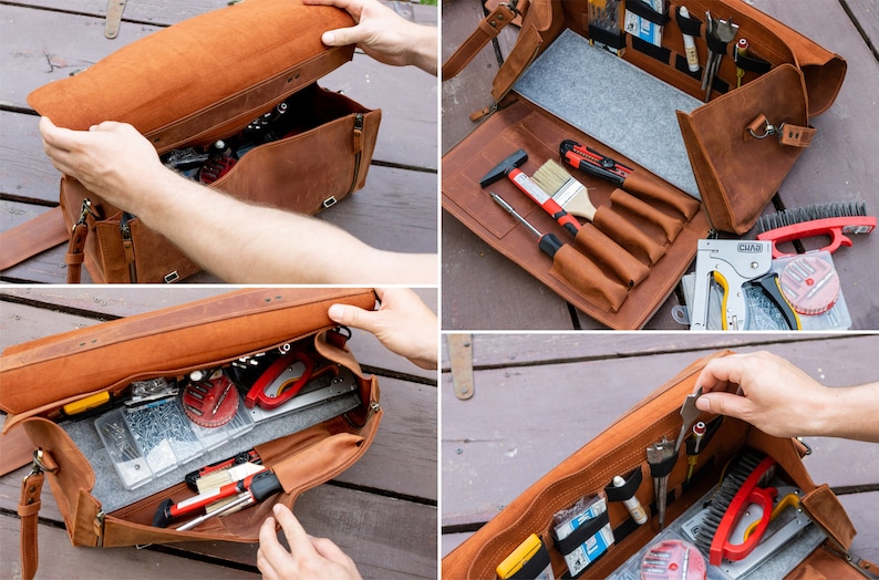 Pu&ograve; includere: Una borsa porta attrezzi in pelle marrone con pi&ugrave; scomparti e tasche. La borsa &egrave; aperta e piena di vari strumenti, tra cui un martello, un cacciavite, un pennello e una graffatrice.
