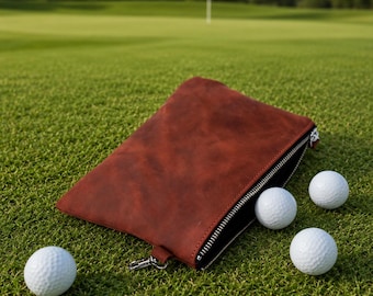Custom leather golf ball pouch, Golf ball pouch with clip, Golf pouch for valuables, Zippered golf ball bag, Personalized golf pouch