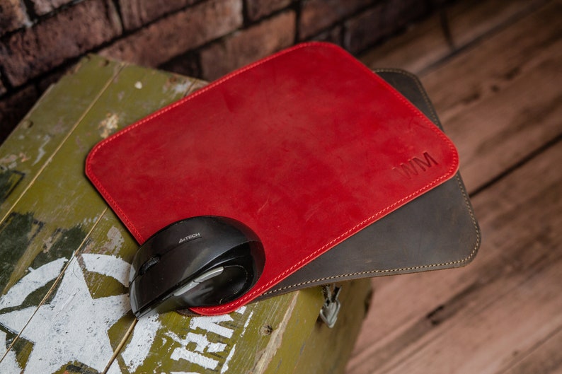 Leather Mouse Pad With Initials, Red Mouse Pad, Custom Mouse Pad With