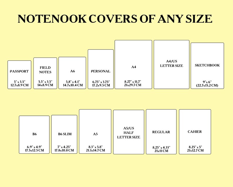 May include: A chart showing different notebook cover sizes in inches and centimeters. The sizes include Passport, Field Notes, A6, Personal, A4, A4/US Letter Size, Sketchbook, B6, B6 Slim, A5, A5/US Half Letter Size, Regular, and Cahier.