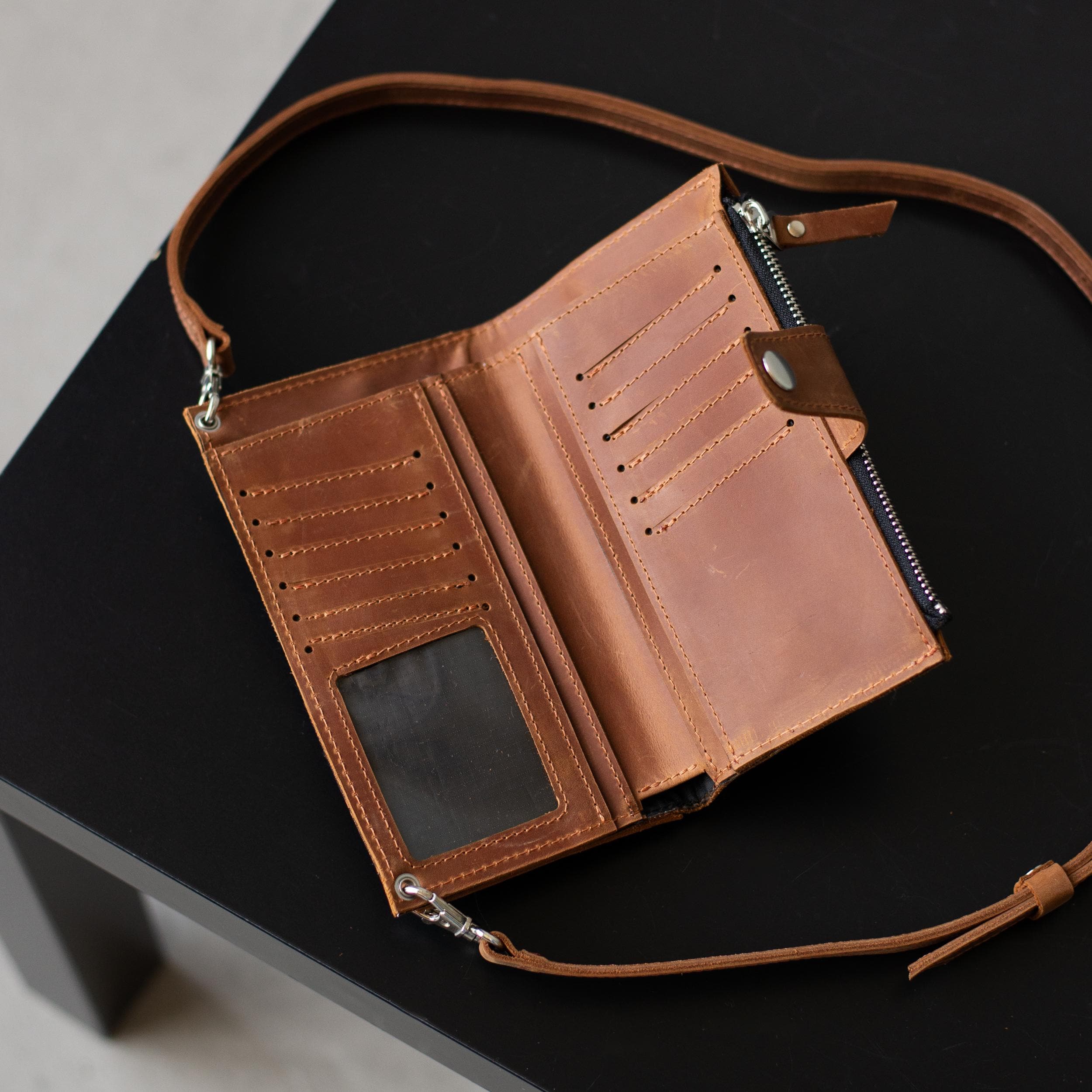 Leather Wallet With Phone Compartment, Crossbody Phone Wallet for