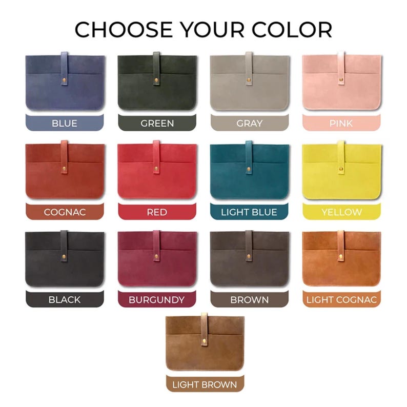 May include: A color chart showing 14 different leather colors for a product. The colors include blue, green, gray, pink, cognac, red, light blue, yellow, black, burgundy, brown, light cognac, and light brown.