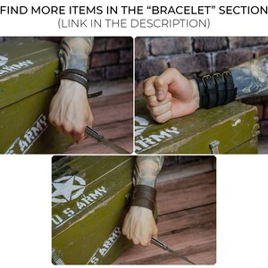 May include: Three images displaying leather bracelets. One shows a brown leather bracelet, another a black leather bracelet with buckles, and the third a brown leather bracelet. The image text reads "FIND MORE ITEMS IN THE 'BRACELET' SECTION (LINK IN THE DESCRIPTION)".