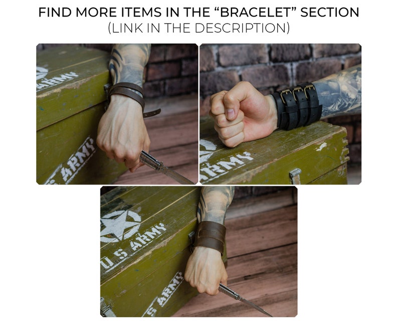 May include: Three images displaying leather bracelets. One shows a brown leather bracelet, another a black leather bracelet with buckles, and the third a brown leather bracelet. The image text reads "FIND MORE ITEMS IN THE 'BRACELET' SECTION (LINK IN THE DESCRIPTION)".