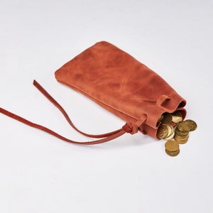 Pu&ograve; includere: Una borsa di cuoio marrone con chiusura a cordoncino, che fa cadere monete d'oro.