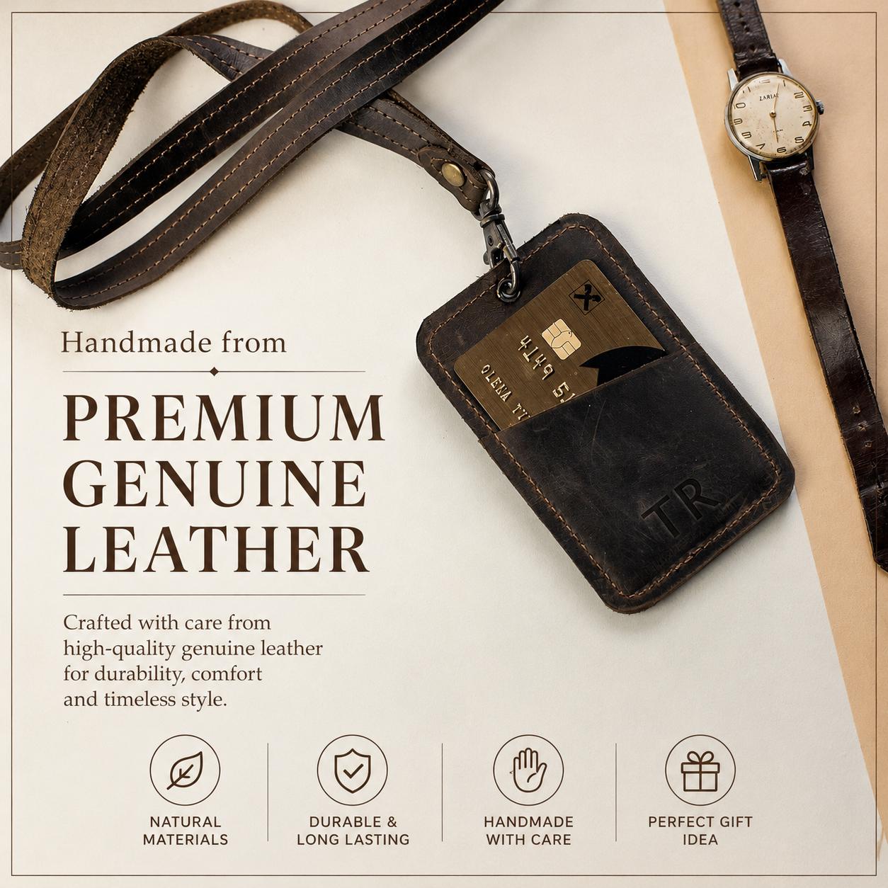 Leather ID Badge Holder and Lanyards, Custom ID Holder, Leather